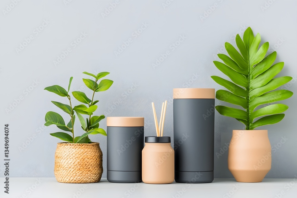 Poster assortment of stylish storage containers including cardboard wicker and metal organizers arranged in