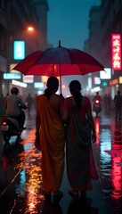 mobile phone wallpaper two women walking under umbrellas in the rain at night in the city, enjoying the urban atmosphere with street lights and fashion