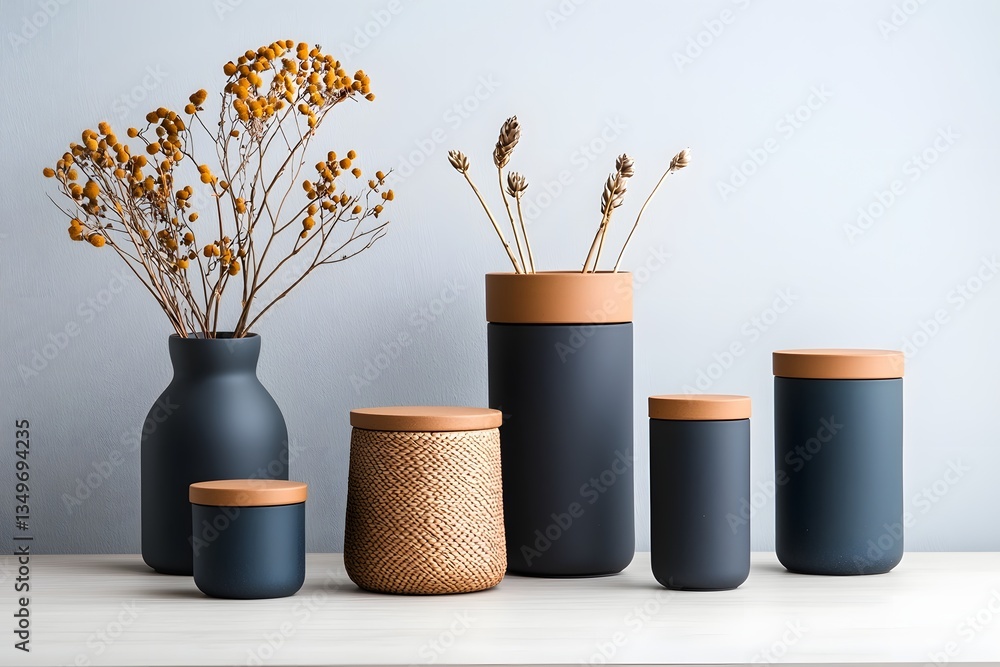Poster assortment of unique cardboard wicker and metal storage containers with various forms displayed in a