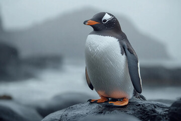Obraz premium Solitary Magellanic penguin braving a stormy shoreline under brooding skies near the crashing surf generative AI creation