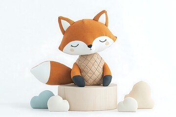 Cute fox plush toy on wood.