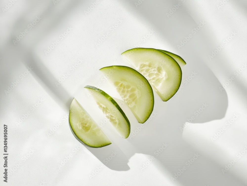 Aufkleber freshly sliced cucumber with glossy skin and soft interior on smooth white background creating a cle