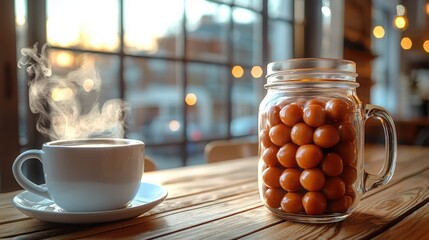 Steaming coffee and caramel candies by window.