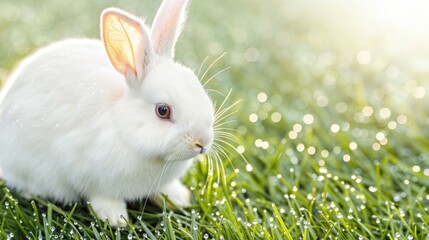 Charming Rabbit In Glistening Grass And Mild Sunlight