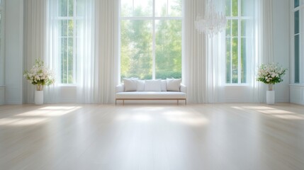 Fototapeta premium Spacious, bright, airy living room with large windows. Soft lighting bathes the room in a serene ambiance. Elegant, minimalist design. Fresh floral arrangements add a touch of refinement