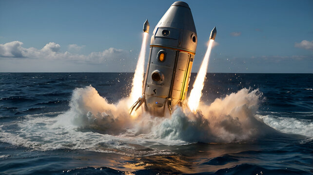 "Surreal conceptual image of a silver rocket ship launching from the middle of a calm ocean"