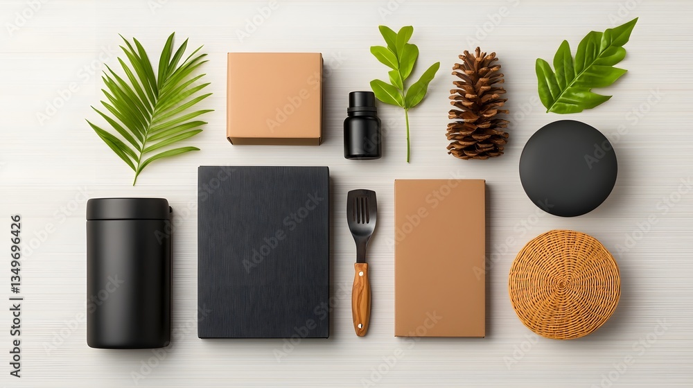 Poster beautifully organized flat lay display showcasing a curated collection of modern storage containers 