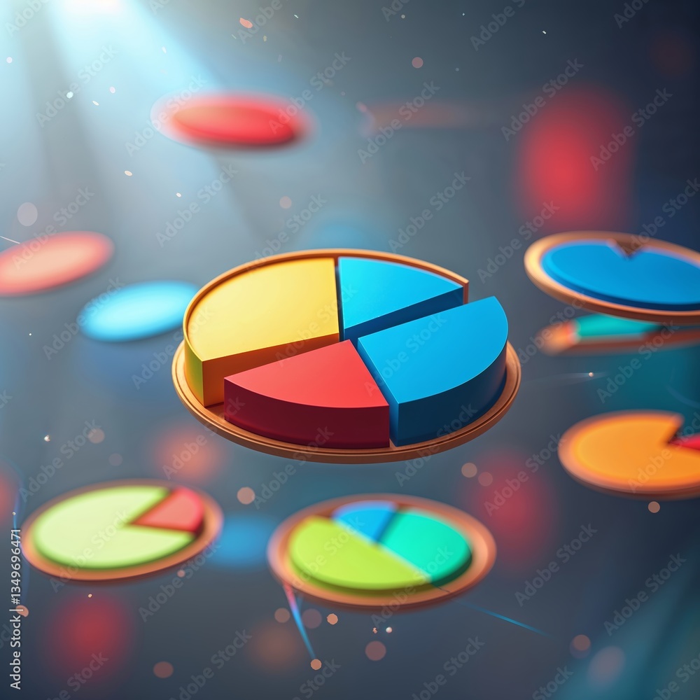Poster colorful pie charts representing data analysis floating in a dynamic environment