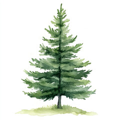 Obraz premium Green pine tree, watercolor painting, white background.