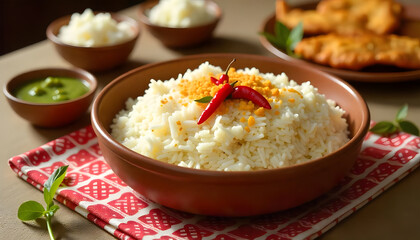 Cooked rice in a terracotta bowl served with fried fish and red chilies
