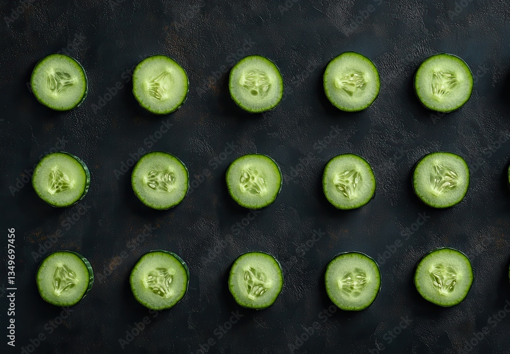 Aufkleber freshly sliced cucumbers arranged in a symmetrical pattern on a dark textured surface for culinary a