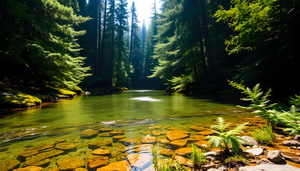 Peaceful crystal-clear forest stream winding through lush green trees, reflecting natural light, creating a serene and refreshing nature escape perfect for relaxation and meditation