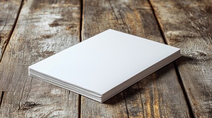 Fototapeta premium Stack of blank white paper resting on a rustic wooden surface showcasing texture ready for creative designs and business presentations