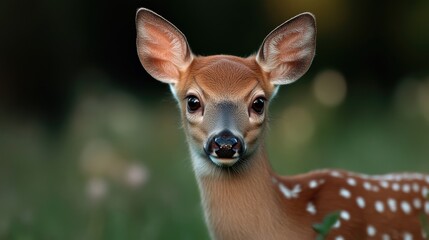 Fototapeta premium Fawn in focus, eyes looking directly at viewer