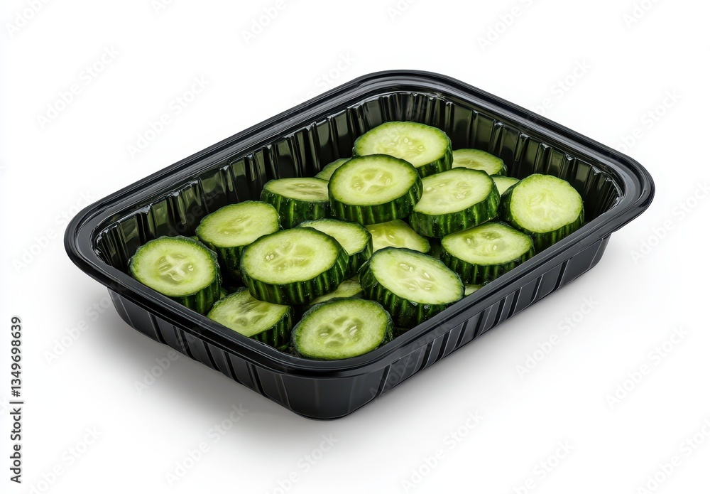 Poster freshly sliced cucumbers in a black plastic container for healthy snacking and salad preparation on 