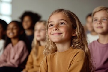 Obraz premium diverse group of young students sitting in bright sunlit classroom with eager expressions displaying across various