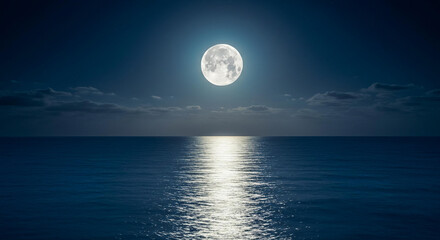 Serene Night Seascape Full Moon Shining on Calm Ocean Waters