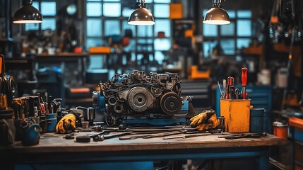 Disassembled engine on workbench in auto repair shop