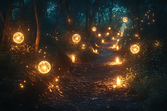 A forest trail lit by glowing orbs and flickering candles, creating a mysterious yet inviting path.