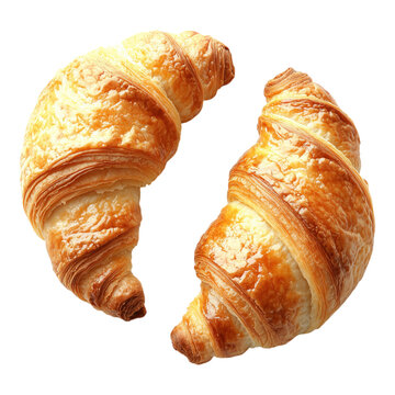 Two freshly baked croissants golden brown and flaky Delicious pastry isolated on png transparent background