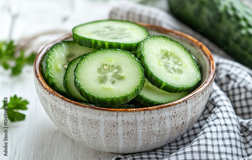 Poster freshly sliced cucumbers in a rustic bowl with greenery on a light wooden table background for healt