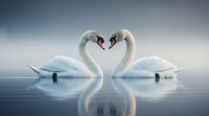 Two swans forming a heart shape on a calm lake