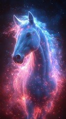 Fototapeta premium Ethereal Portrait of a Glowing Unicorn with Colorful Mane in Cosmic Space