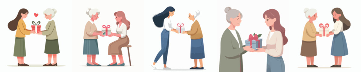vector of a woman giving a gift to her grandmother