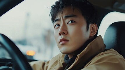 A focused young Asian man grips the wheel, eyes on the road ahead.
