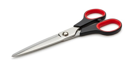 Obraz premium Sharp Scissors with Red and Black Handles on a White Background