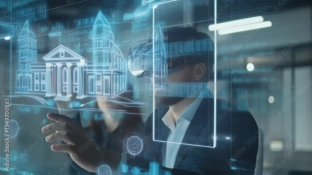 Poster software engineer wearing virtual reality headset interacting with futuristic hologram user interfac