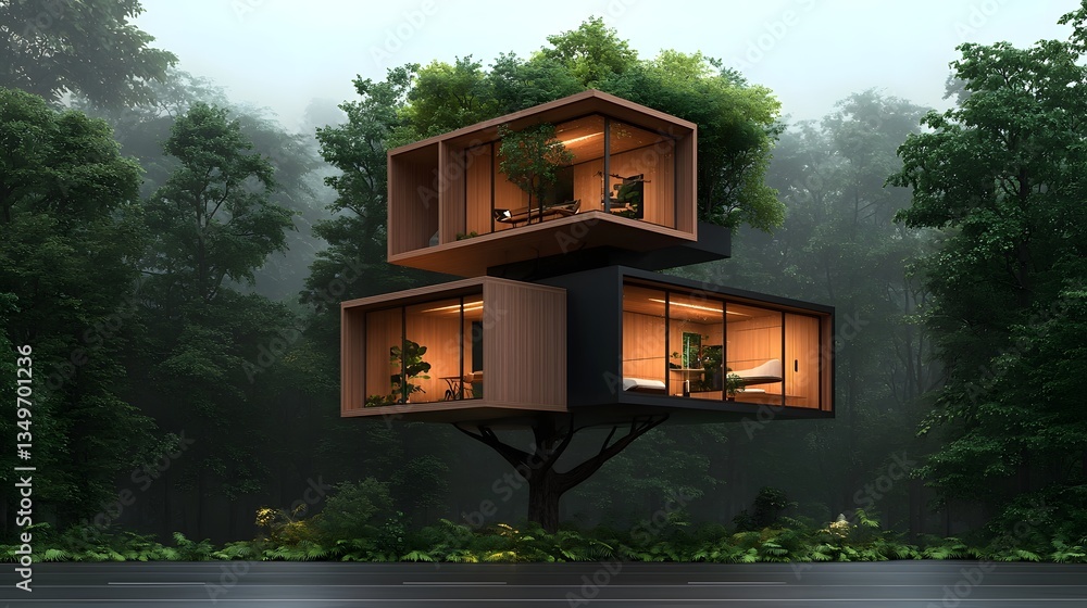 Poster captivating multi level treehouse retreat in serene forest setting with intricate architectural desi
