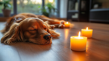 A serene puppy relaxing peacefully next to a soft candle during a relaxing wellness session in a calm and tranquil environment.