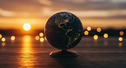 Illuminated Earth Globe at Sunset Global Connection Concept World Map