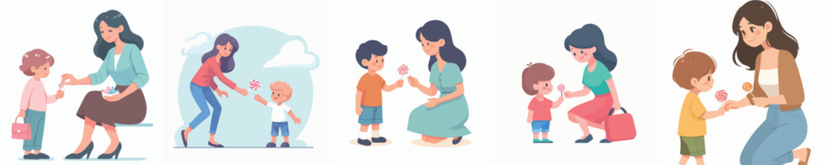 vector of a woman giving candy to children