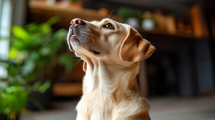 A curious puppy looking up with excitement during a training session rewarded with treats in an inviting and bright environment.