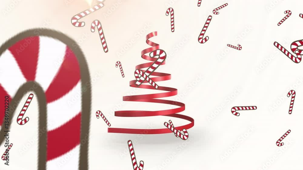 Poster animation of red spiral tree with floating candy canes on white background
