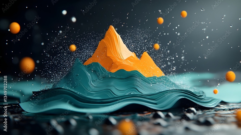 Poster captivating topographic terrain with fluid rainfall pattern and dynamic data visualization intricate