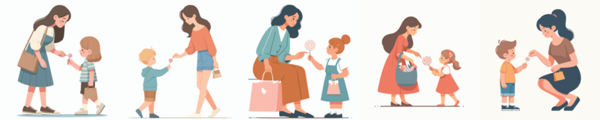 vector of a woman giving candy to children