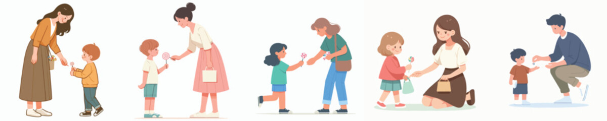 vector of a woman giving candy to children