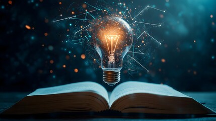 Futuristic LED light bulb levitates above an open book, illuminating ideas against a dark, starry backdrop