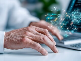 Close up view of a person s hands interacting with a futuristic digital interface showcasing advancements in technology innovation and computer science