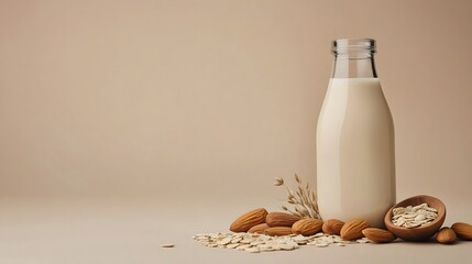 Milk and almonds create a minimalist still life in a soft beige background highlighting natural textures and gentle colors