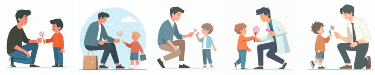 vector of a young man giving candy to children