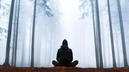 person meditating in foggy forest, surrounded by tall trees, creates serene atmosphere