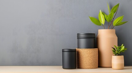 Carefully curated collection of cardboard boxes wicker baskets and metal tins artfully arranged on a light wooden tabletop showcasing elegant and functional home organization solutions
