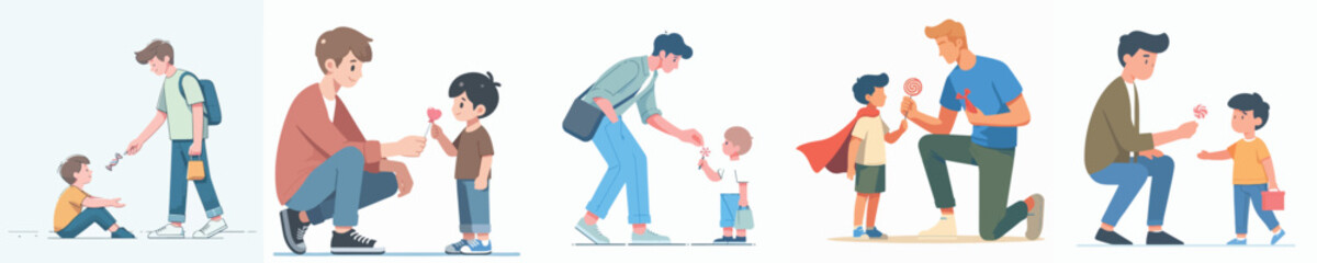 vector of a young man giving candy to children