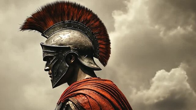 Roman warrior in armor with a feathered helmet, standing against a stormy sky