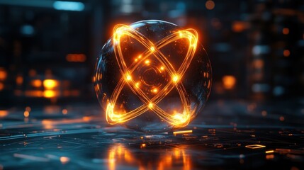 Glowing atom model in futuristic setting.