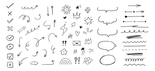 Hand drawn different simple line elements. Doodle sketch style arrows, scribbles, stars, speech bubbles and underlines. Vector grunge element set on white background.